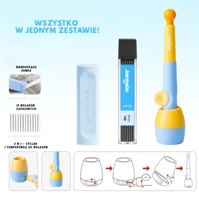 Jarmelo Ołówek Automatyczny WOW Grip 2mm Niebieski – ergonomiczny uchwyt temperówka wkłady grafitowe 12 szt. HB gumka etui