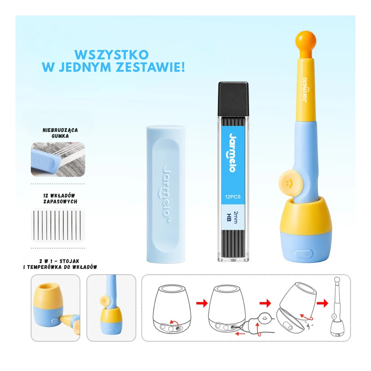 Jarmelo Ołówek Automatyczny WOW Grip 2mm Niebieski – ergonomiczny uchwyt temperówka wkłady grafitowe 12 szt. HB gumka etui