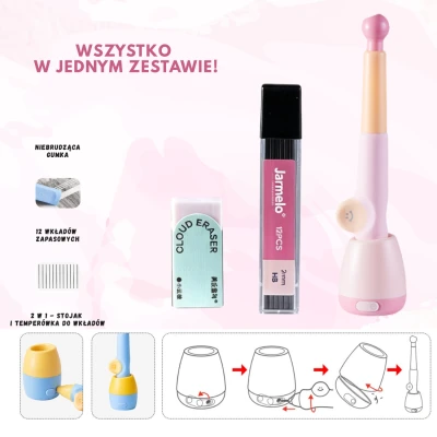 Jarmelo Ołówek Automatyczny WOW Grip 2mm Różowy – ergonomiczny uchwyt temperówka wkłady grafitowe 12 szt. HB gumka etui