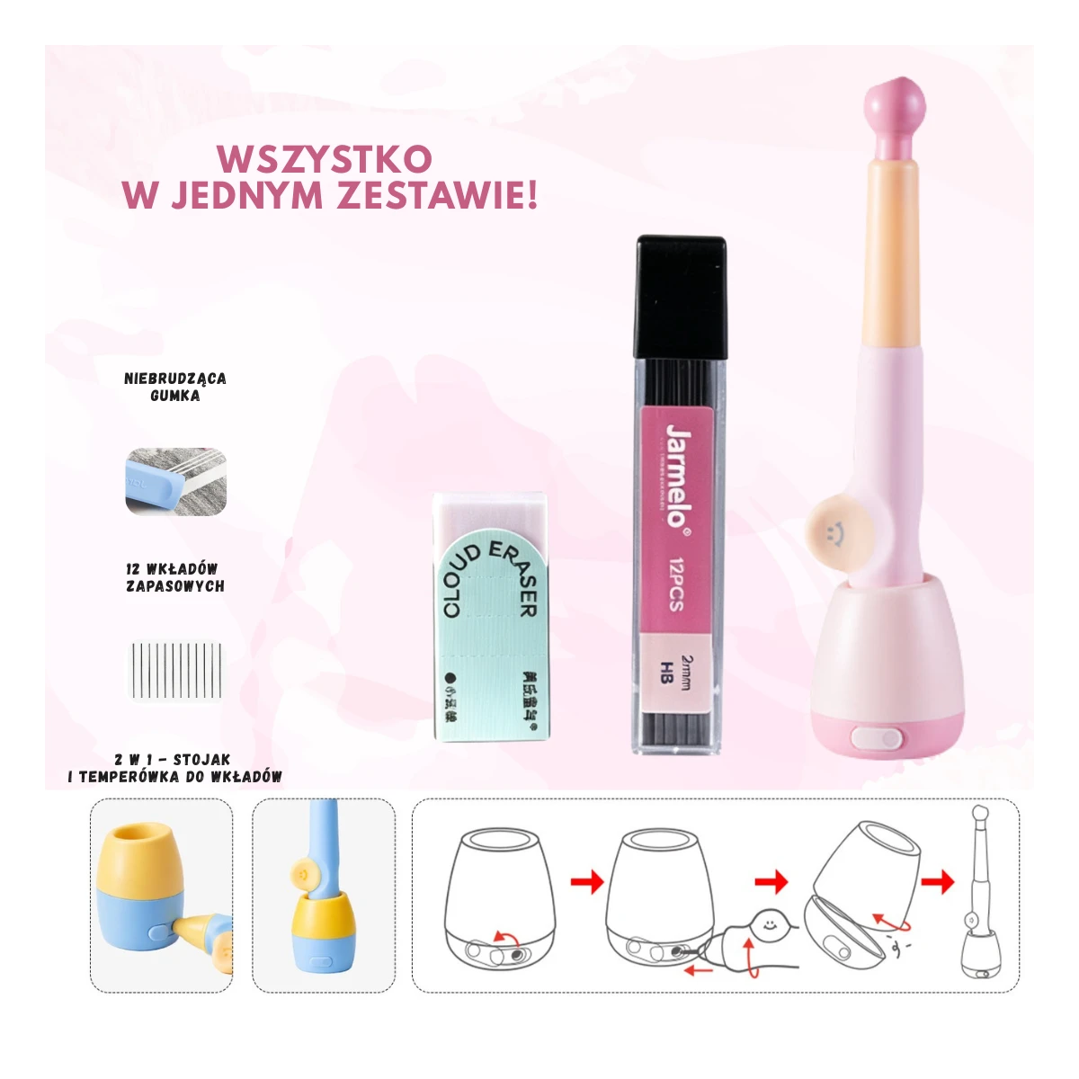 Jarmelo Ołówek Automatyczny WOW Grip 2mm Różowy – ergonomiczny uchwyt temperówka wkłady grafitowe 12 szt. HB gumka etui