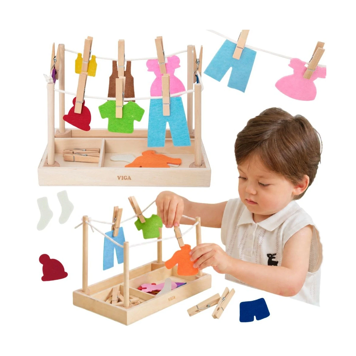 VIGA Drewniany Zestaw do Prania Suszarka Ubranka Klamerki Montessori 27 el