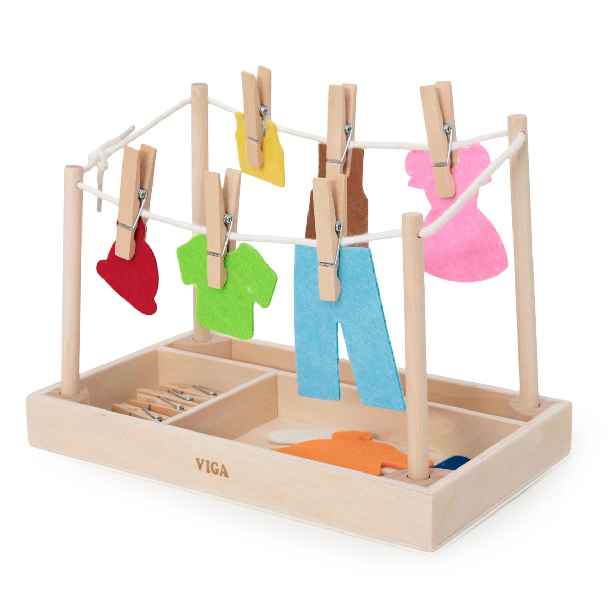 VIGA Drewniany Zestaw do Prania Suszarka Ubranka Klamerki Montessori 27 el