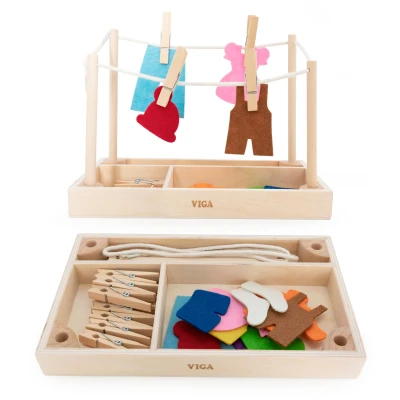 VIGA Drewniany Zestaw do Prania Suszarka Ubranka Klamerki Montessori 27 el